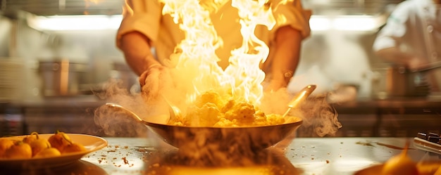 Bekwame chef-kok die vaardig een heerlijke flambe creëert in een drukke restaurantkeuken Concept Flambe Expertise Culinary Mastery Busy Kitchen Atmosphere Mouthwatering Creation Meesterlijke chef-kok