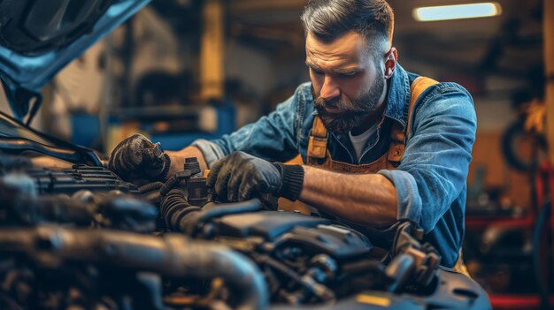 Bekwame monteur, motorreparateur, deskundige technicus die auto's in een garage repareert