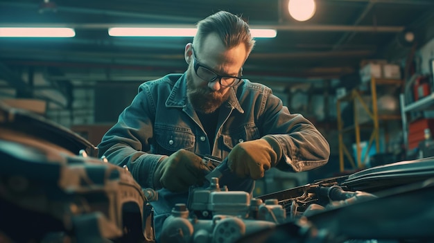 Bekwame monteur, motorreparateur, deskundige technicus die in een garage auto's repareert