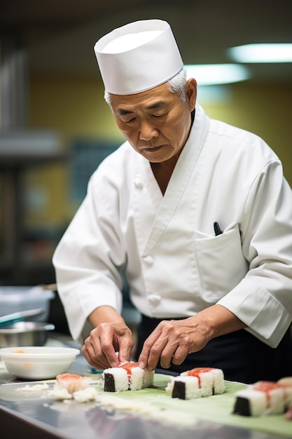 Foto bekwame sushi chef die rolletjes maakt in een professionele keuken