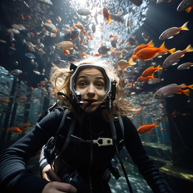 Bekwame vrouwelijke duiker verkent gracieus de onderwaterwereld
