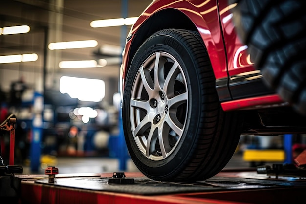 bekwame werknemers van de auto-reparatiewinkel helpen de klanten bij het selecteren en installeren van banden voor auto'sGegenereerd met AI