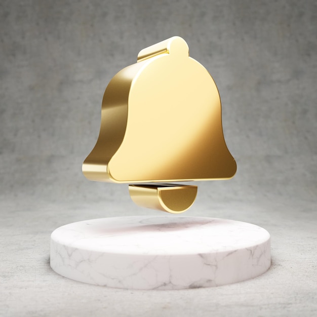 Bel icoon. Goud glanzend Bell-symbool op wit marmeren podium. Modern icoon voor website, sociale media, presentatie, ontwerpsjabloonelement. 3D render.