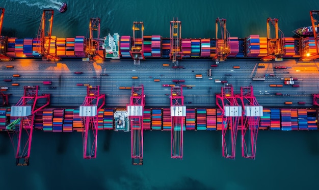 Beladen en lossen van containerschepen in een haven vanuit de lucht