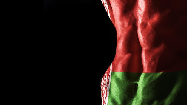 Belarus flag on abs muscles national sport workout, bodybuilding concept, black background