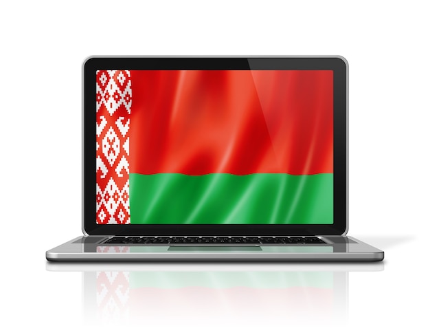 Bandiera della bielorussia sullo schermo del laptop isolato su bianco. rendering di illustrazione 3d.