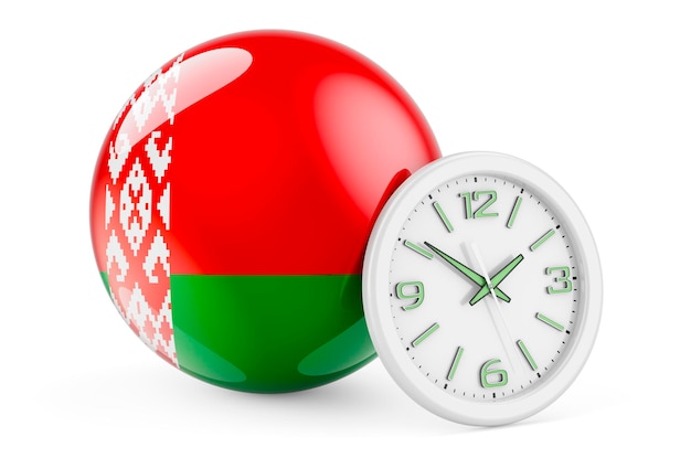 Belarusian flag with clock Time in Belarus 3D rendering