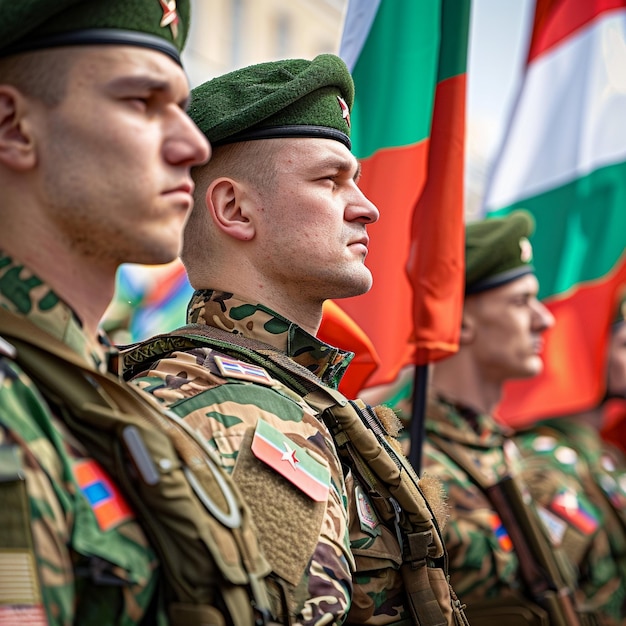 Foto il gruppo militare bielorusso della parata del giorno della vittoria in piedi insieme