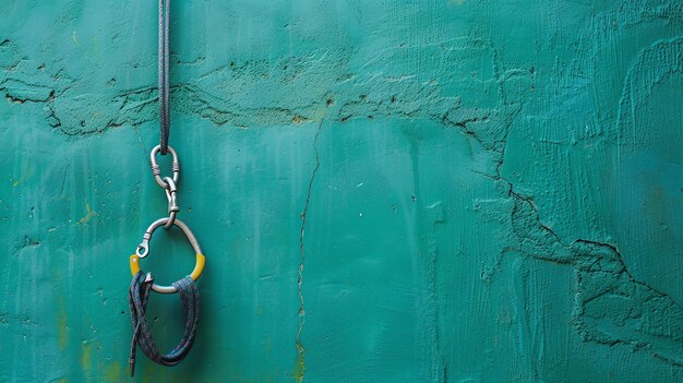 Photo belay device and carabiner hanging on a rope against a green wall