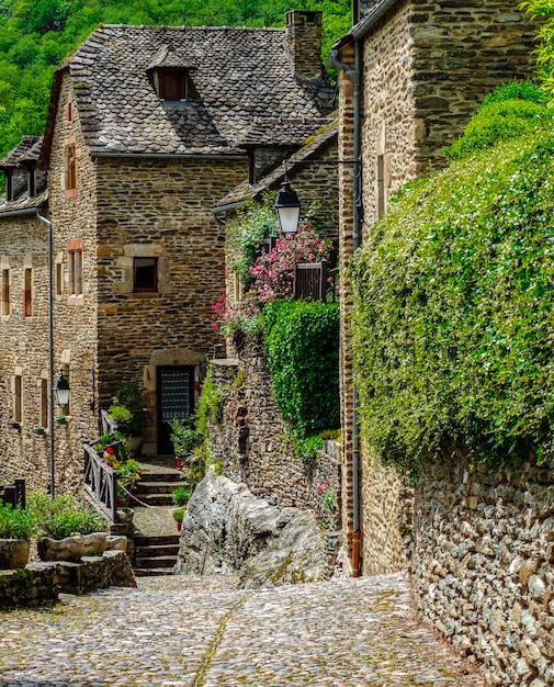 Belcastel middeleeuwse herenhuizen en straat, Aveyron, Frankrijk