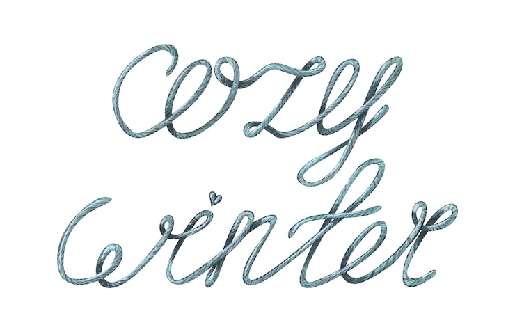 Foto belettering gemaakt van dik breigaren blauwe kleur aquarel illustratie geïsoleerde objecten uit een grote set van gezellige winter voor het ontwerp decoratie van ansichtkaarten groeten posters