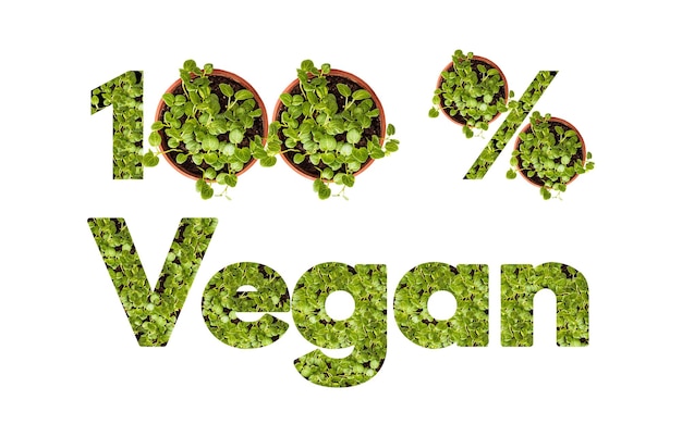 Belettering Vegan, gemaakt van potten met gras op een witte achtergrond.