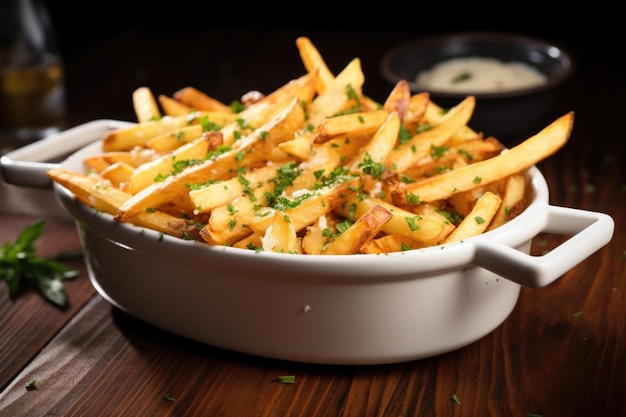 Belgian fries in a large ceramic bowl