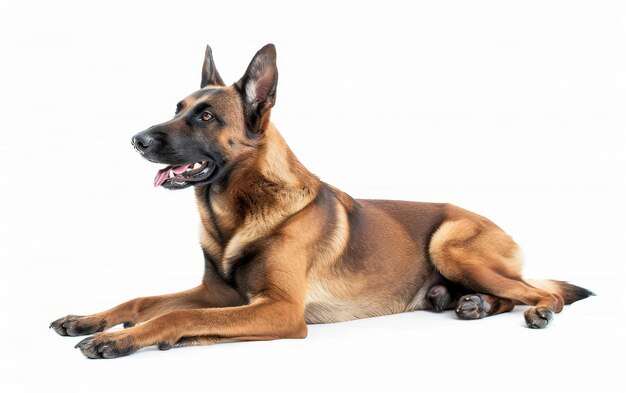 A Belgian Malinois dog lies down gracefully on a white background its gaze fixed offcamera embodying both the breeds elegance and attentiveness