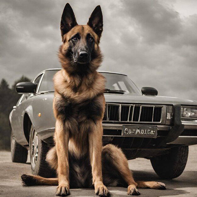 Photo belgian shepherd malinois on top of a lamborguini 4