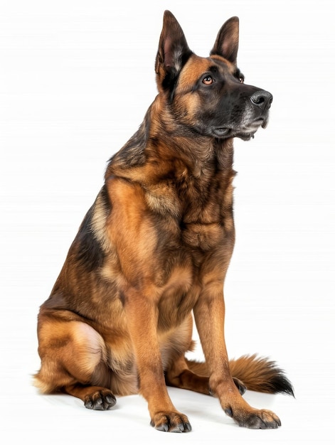 A Belgian Shepherd sits attentively against a white background its tongue out in a pant showcasing the breeds intelligence and alertness