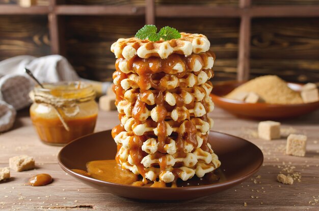 Belgian sugar waffles with caramel sauce