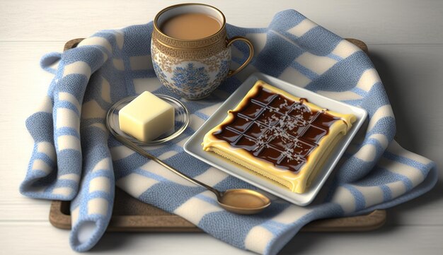 Belgian waffle and milk in a mug on a scarf