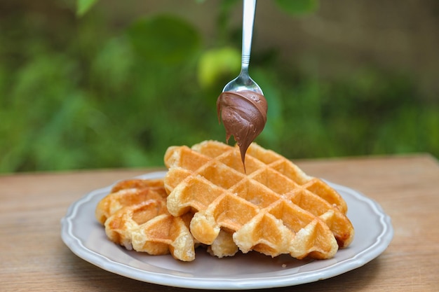 Belgian waffle with chocolate spread. Wafers. Dessert. American waffles. We made waffles at home.