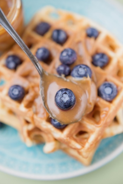 Belgian waffles and caramel sauce