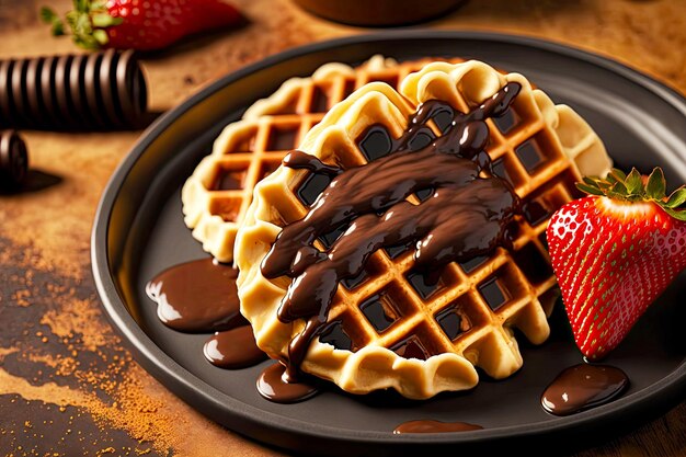 Belgian waffles in chocolate sauce on plate on blurred background