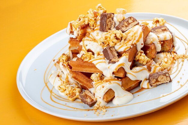 Belgian waffles with caramel topping chocolate bars and popcorn