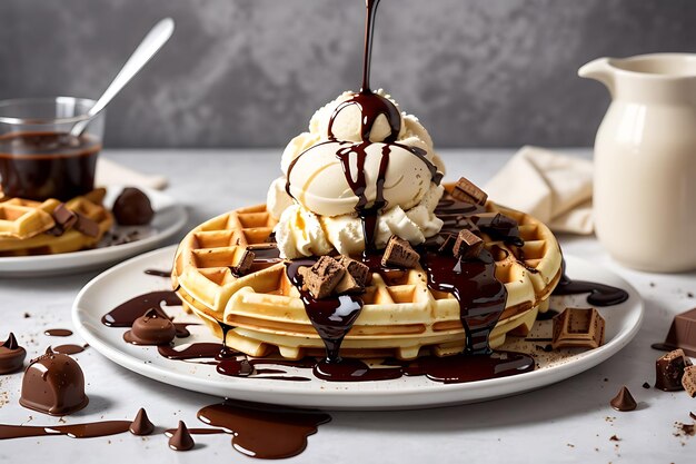 Belgian waffles with chocolate and a scoop of ice cream