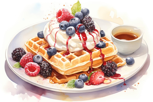 Belgian waffles with cream sauce and berries Watercolor hand drawn style illustration