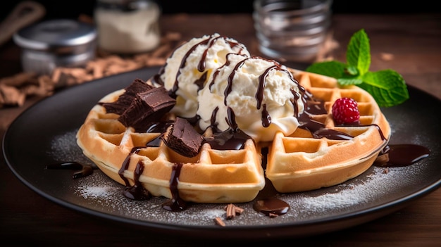 Belgian waffles with different sauces berries chocolate ice cream Generative AI