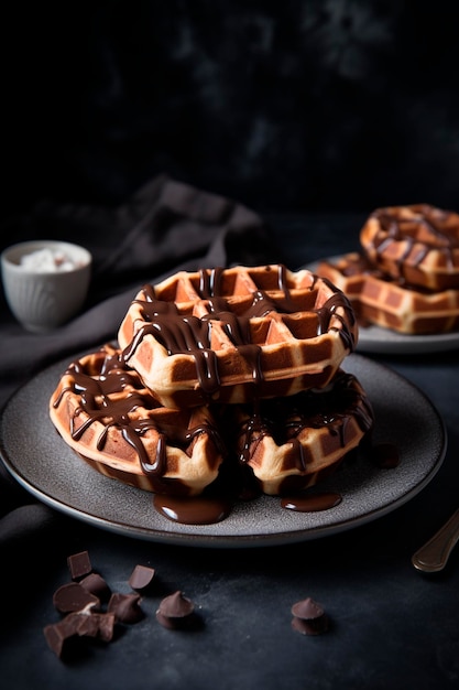 Waffle belgi con diverse salse gelato al cioccolato e frutti di bosco ia generativa