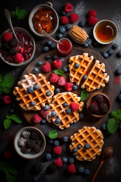 Belgian waffles with different sauces berries chocolate ice cream Generative AI