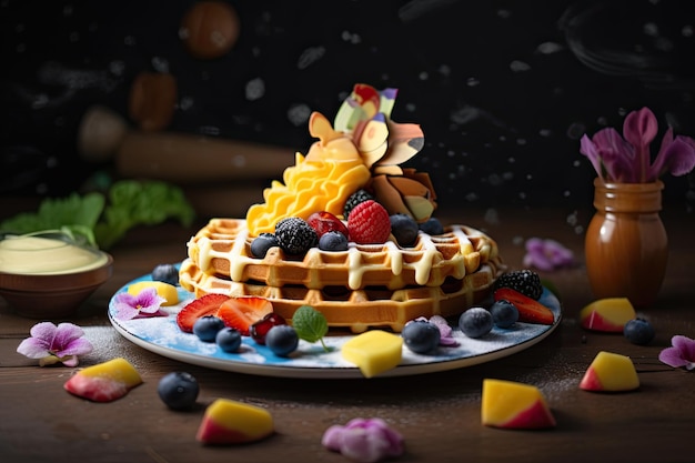 Belgian waffles with fresh berries and honey on a wooden table