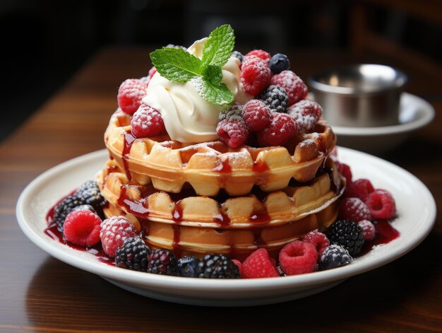 Photo belgian waffles with fresh berries and whipped cream on wooden table