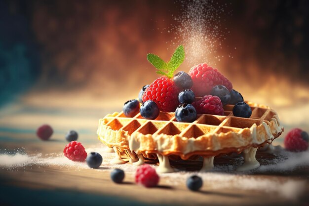 Belgian waffles with fresh ripe berries