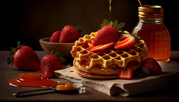 Belgian waffles with fresh strawberries and honey on wooden backgroundgenerative ai