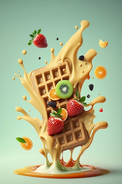 Belgian waffles with fruits on green background