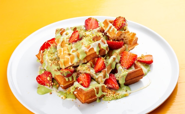 Belgian waffles with pistachio cream topping and strawberries