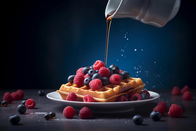 Belgian waffles with raspberries an blueberries and syrup breakfast