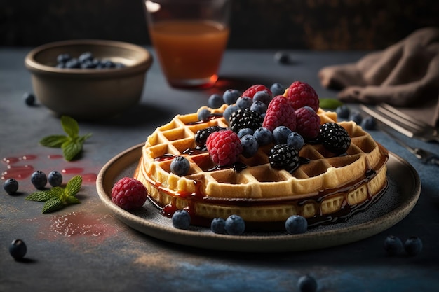 Belgian waffles with raspberries blueberries and syrup homemade healthy breakfast AI generation