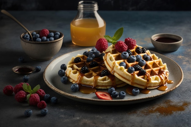 Belgian waffles with raspberries blueberries and syrup homemade healthy breakfast AI generation