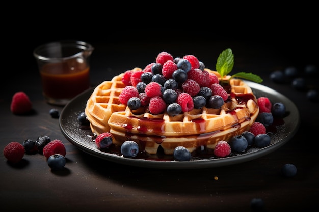 Belgian waffles with raspberries blueberries syrup on a plate dark background food photography