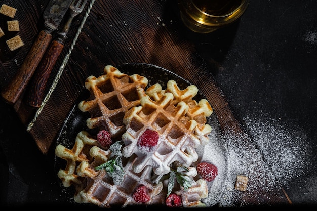 Belgian waffles with raspberries and mint on a dark plate