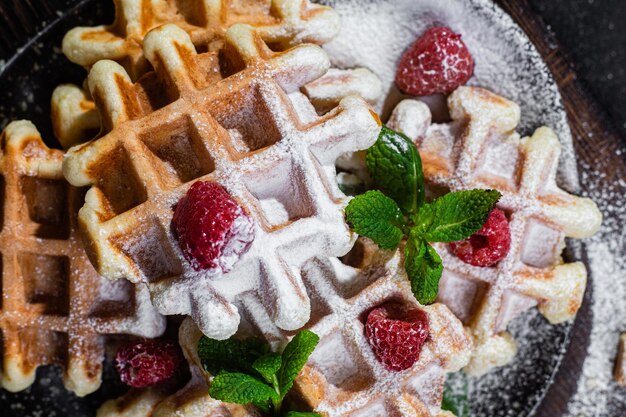 Belgian waffles with raspberries and mint on a dark plate