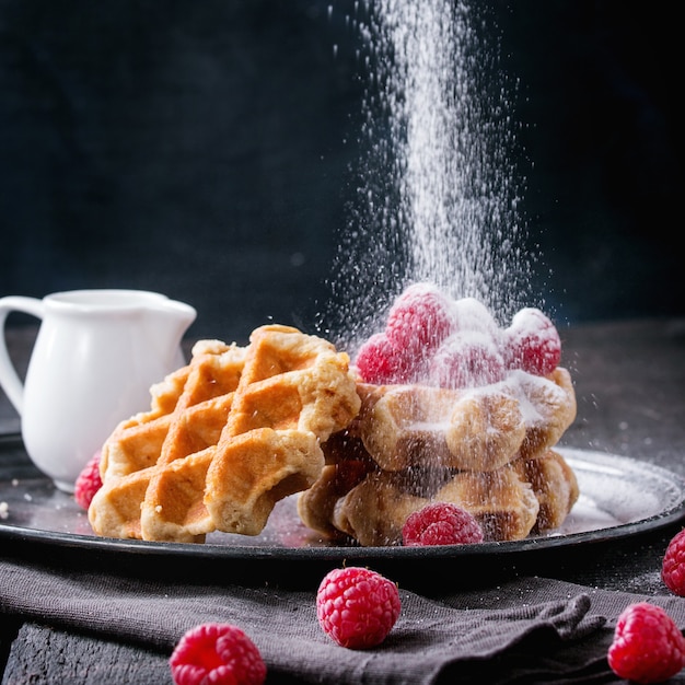 Belgian waffles with raspberries