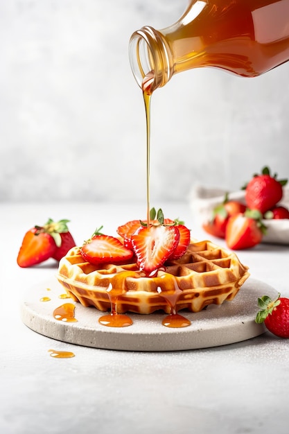 Belgian waffles with ripe strawberries and dripping honey Generative AI illustration