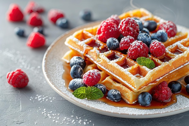 Belgian waffles with strawberries blueberries and syrup homemade healthy breakfast