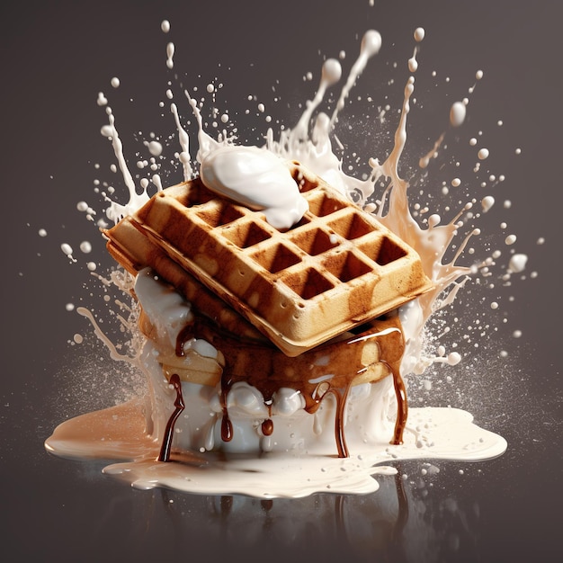 Belgian waffles with whipped cream and caramel sauce isolated on white background