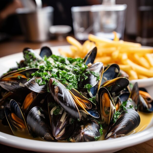 Belgische moulesfrites, mosselen en frietjes in een levendige vismarkt