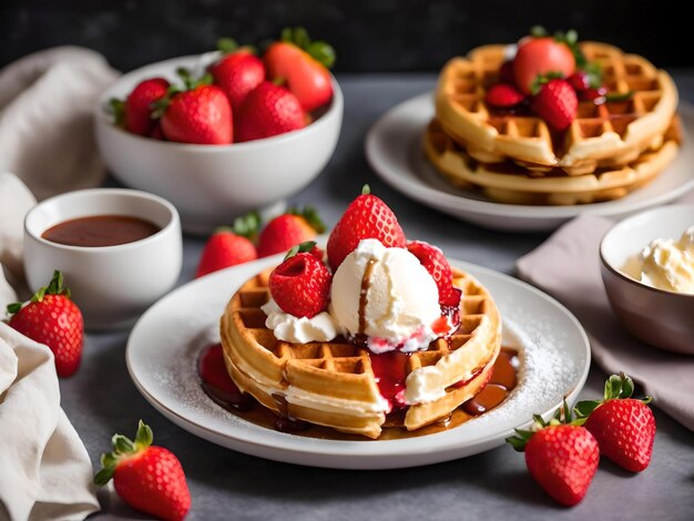 Belgische wafels met aardbeien en ijs op een wit bord Generatieve AI