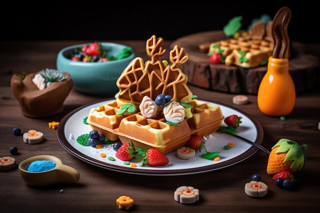 Belgische wafels met bessen op een houten achtergrond Selectieve aandacht Generatieve AI